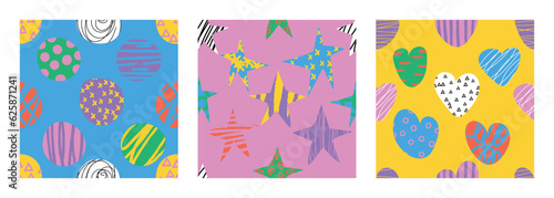 Set of doodle in seamless pattern. Abstract art background vector design with childish scribble, heart, circle, star in vibrant color. Fun creative illustration for kids, fabric, prints, cover.