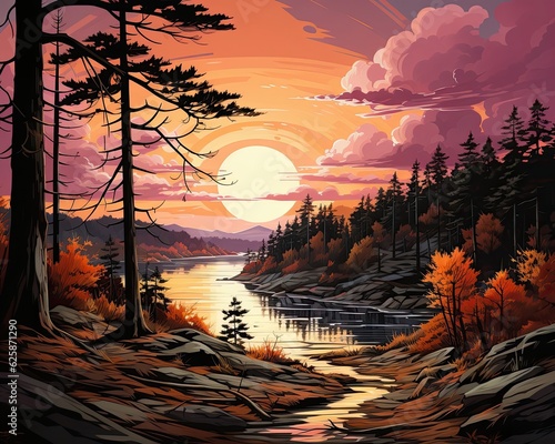 The painting features a sunset with trees, a pink sky, and a large sun. (Generative AI)