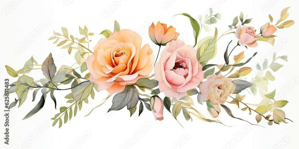  A Delicate Combination of Roses and Eucalyptus Branches. Featuring Large, Transparent Peach Flowers Amidst Curved Plants Watercolor Flowers Paintings Generative Ai Digital Illustration