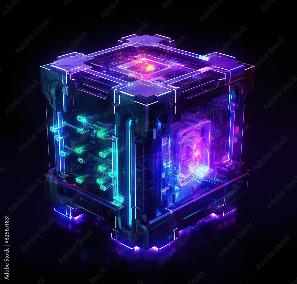 Neon glowing sci-fi tech cube, magic, game objects,3d rendered illustration of a cube,a box with purple green and blue lights