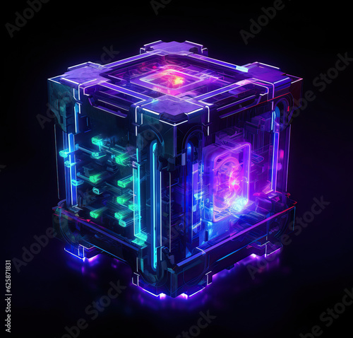 Obraz na płótnie Neon glowing sci-fi tech cube, magic, game objects,3d rendered illustration of a cube,a box with purple green and blue lights w salonie