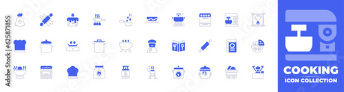 Cooking icon collection. Duotone style line stroke and bold. Vector illustration. Containing coal, cooking, cake, pan, bowl, mixer blender, bonfire, chef hat, pot, stove, cooking pot, cook, and more.