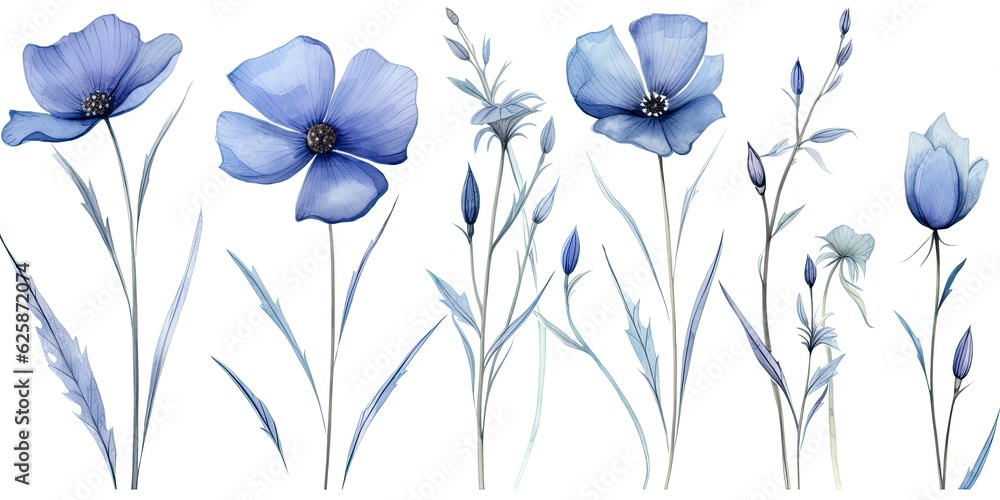 Watercolor Flax Flowers in a Stunning Set - Hand-drawn Illustrations on a Clean White Background - Captivating and Elegant Floral Artistry Generative AI Digital Illustration