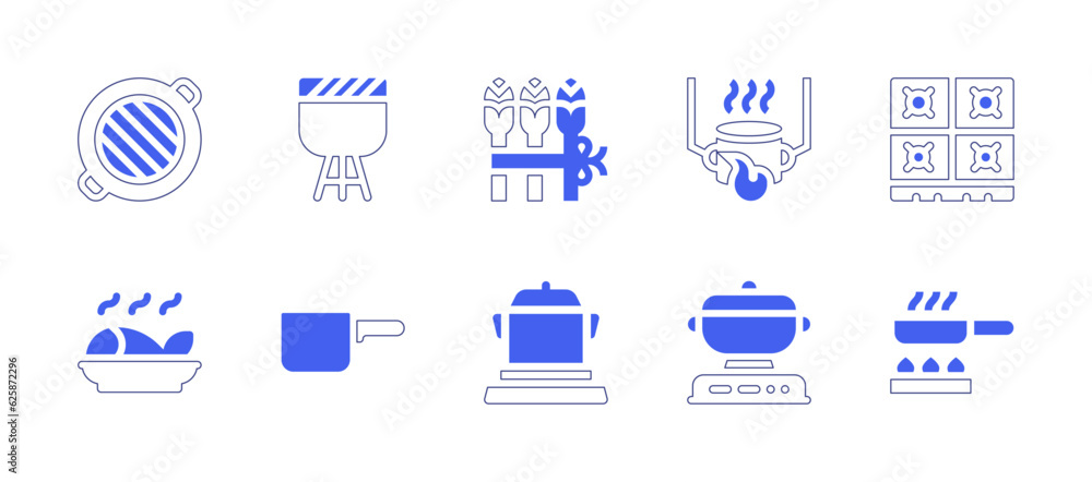 Cooking icon set. Duotone style line stroke and bold. Vector illustration. Containing grill, barbecue, asparagus, robots, cook, fish, pot, cooking, frying pan.