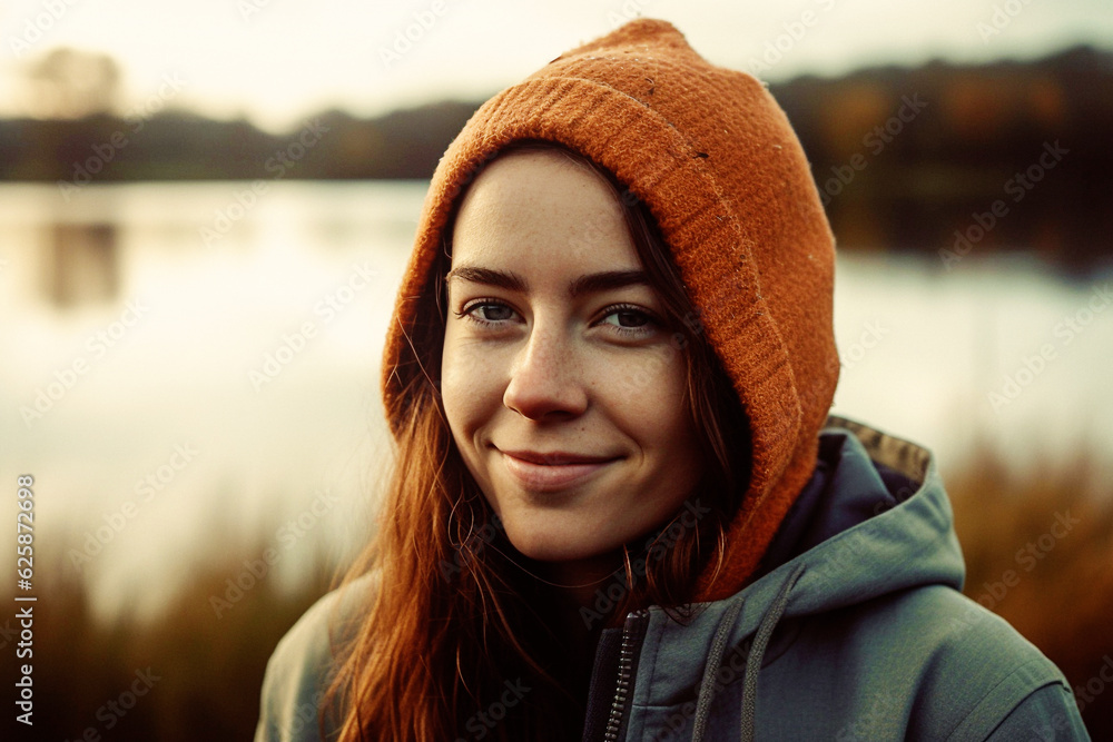Cute teenager girl with beanie and parka smiling outdoors, lake landscape background Cute teenager girl with beanie and parka smiling outdoors, lake landscape background