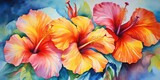 vibrant Watercolor Hibiscus Blossoms - Exquisite Floral Art in Captivating Colors. Embrace the Beauty of Nature in Every Brushstroke Generative AI Digital Illustration