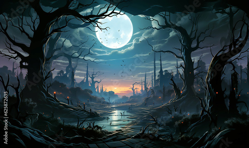 Halloween pumpkin Halloween night scene with an owl on a tree, bats 