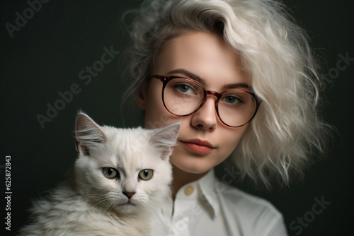 Beautiful teenager with glasses embracing a cute white cat, looking at the camera, neutral background