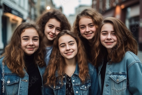Teenager girls with long hair and jeans together for fun in town, looking at the camera and smiling