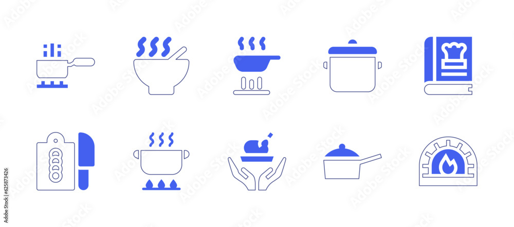 Cooking icon set. Duotone style line stroke and bold. Vector illustration. Containing cooking, soup, pan, recipe book, cook, kitchen pack, oven.