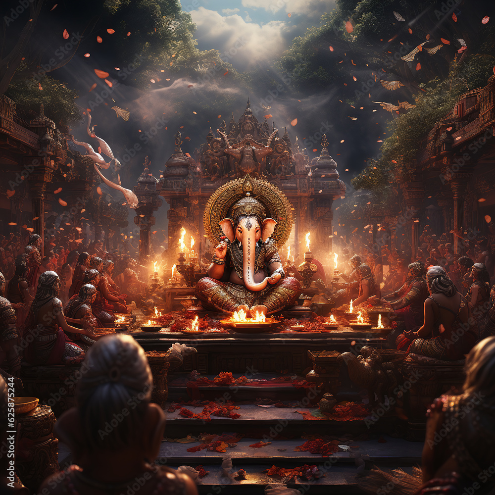 Ganesh Temple: A Sacred Scene of Ganesh Sitting on a Throne Surrounded by Lit Diyas - obrazy, fototapety, plakaty 