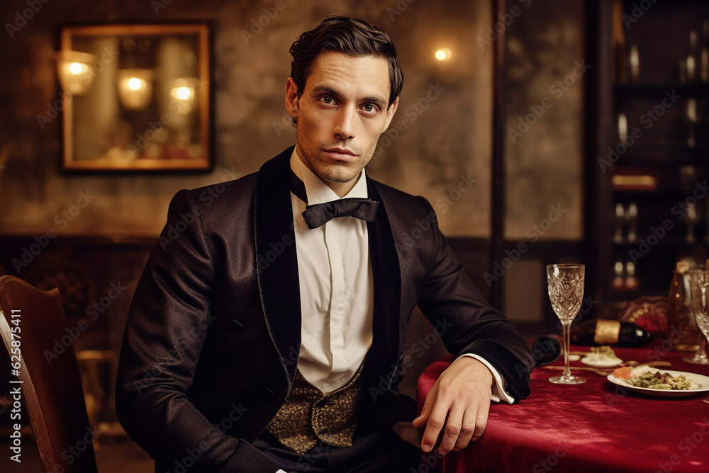 Elegant young man wearing a dinner jacked with waistcoat, with a little bored expression and nonchalant pose Elegant young man wearing a dinner jacked with waistcoat, with a little bored expression and nonchalant pose