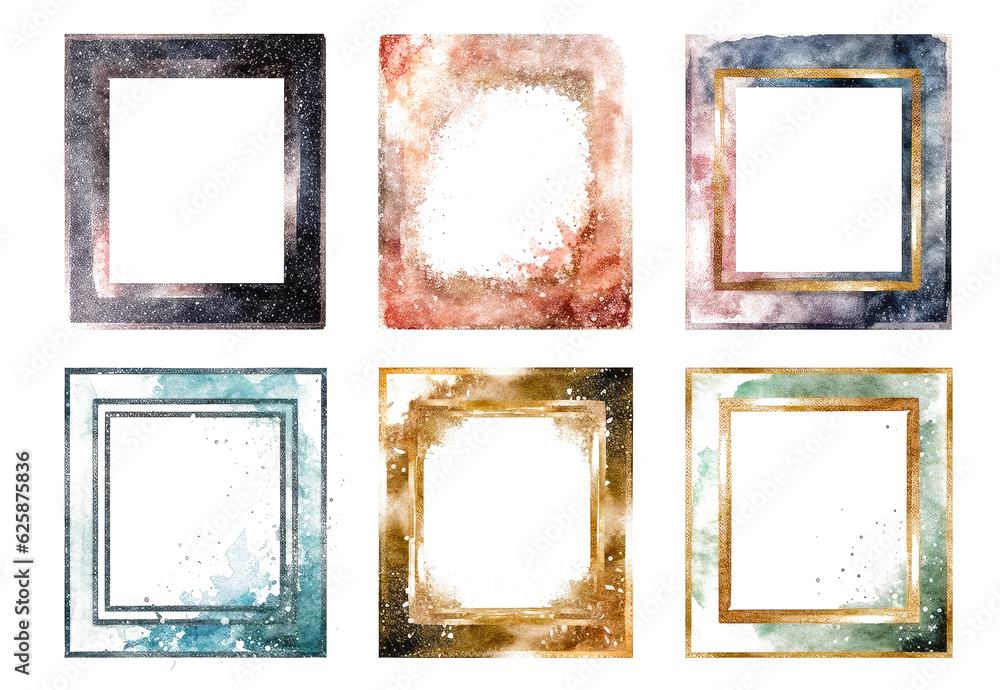Set of frames painted with watercolors with empty copy-space inside. Collection isolated on transparent white background