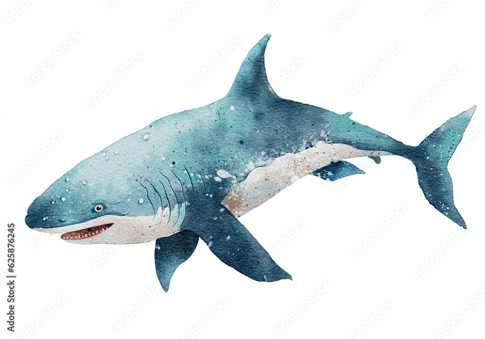 Fototapeta premium Watercolor shark hand drawn ocean illustration isolated