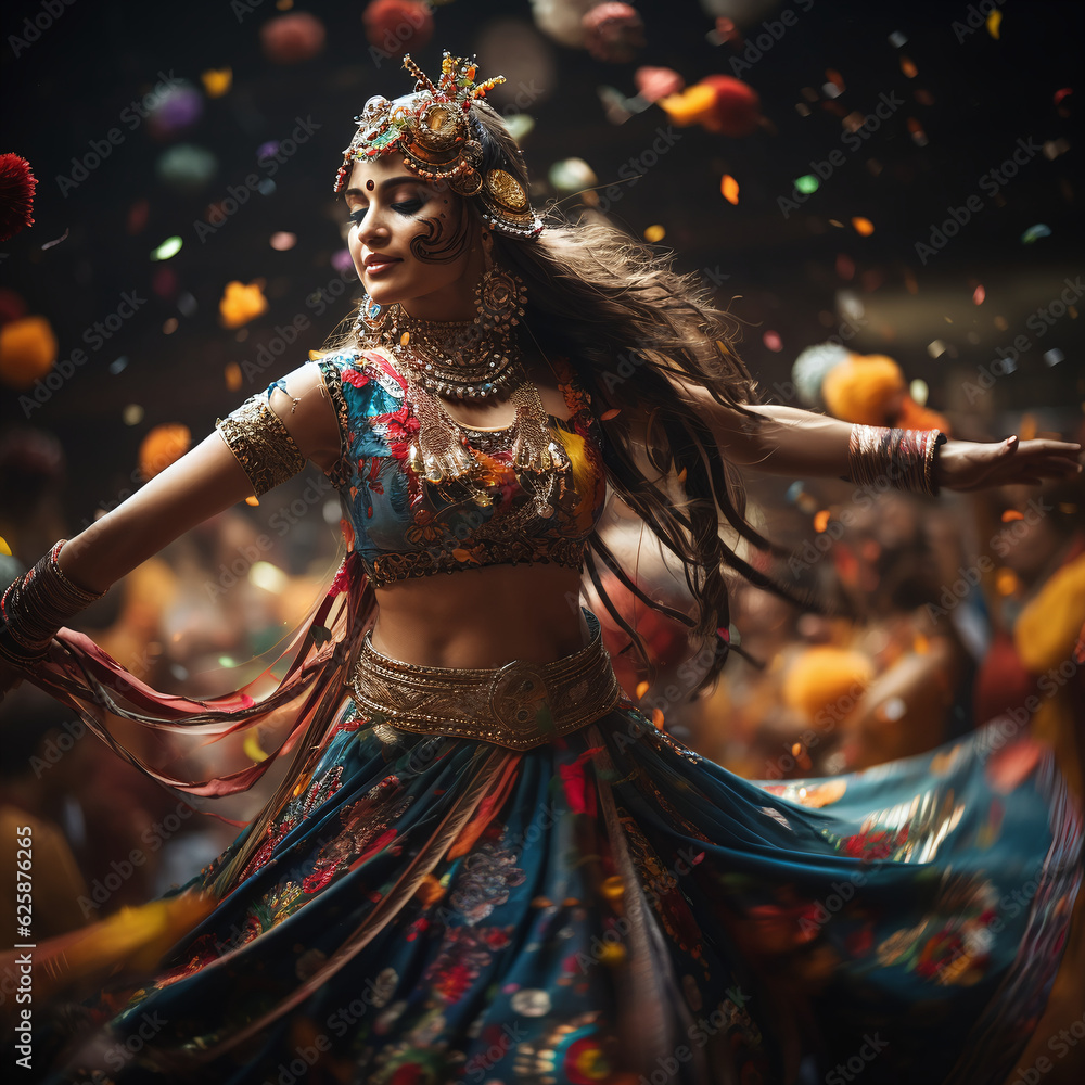 Navratri Celebration: A Portrait Realistic Illustration of an Indian Woman Dancing in Traditional Clothes