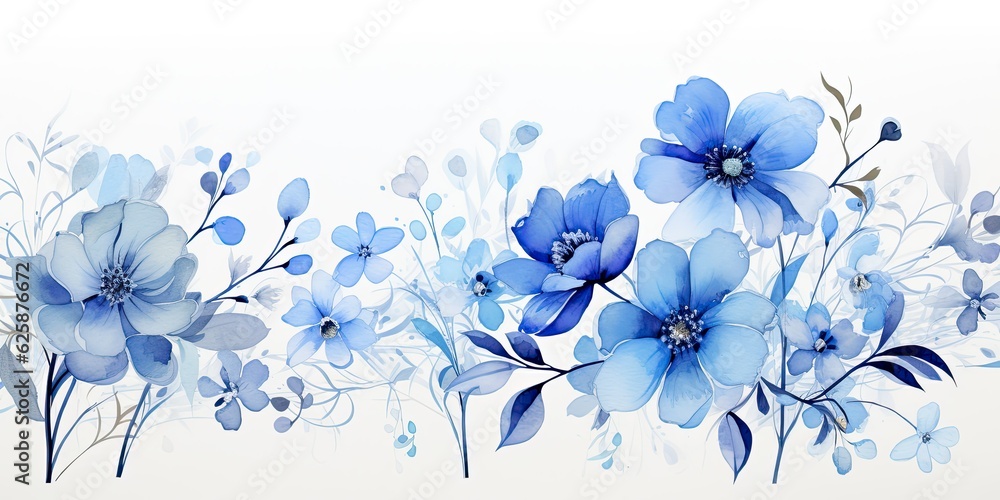 Fototapeta An Artistic Background Blooming with Blue Flowers, Painted with a Delicate Watercolor Texture. Embrace the Tranquility and Elegance of this Floral Composition, Generative AI Digital Illustration