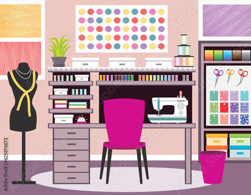 Seamstress's office. Dressmaker. Vector sewing illustration.
