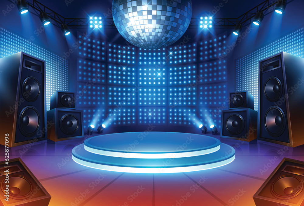Music stage. Dance floor.  Disco ball show performance begin with lighting and amplifier. Led screen concert illuminated by spotlights. - obrazy, fototapety, plakaty 
