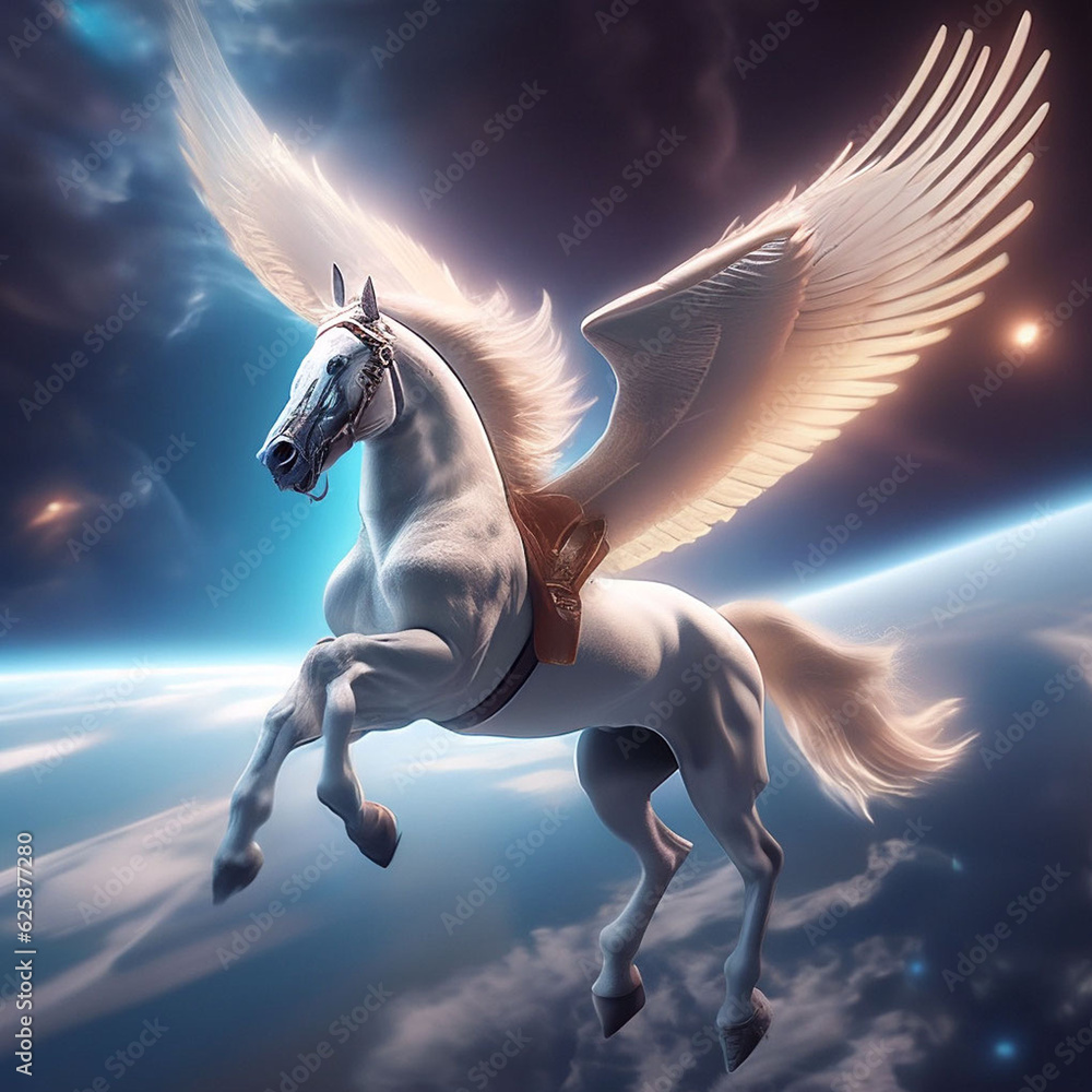 White Pegasus with wings flying in the sky. 3d illustration. White Pegasus with wings flying in the sky. 3d illustration.