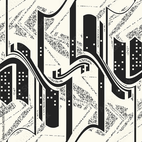Monochrome Glitch Effect Textured Cityscape Pattern