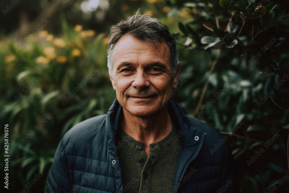 Portrait of a pleasing man in his 50s, with comfortable casual wear and serene smile outside in the garden, botanical background Portrait of a pleasing man in his 50s, with comfortable casual wear and serene smile outside in the garden, botanical background