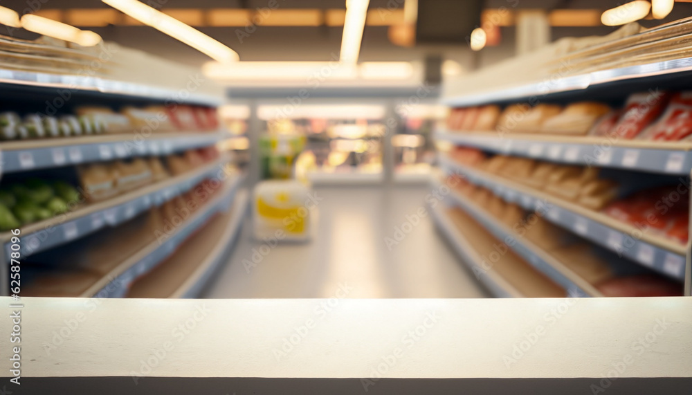 White desk with Supermarket on the background out focus, Food shelf, Ai Generate 