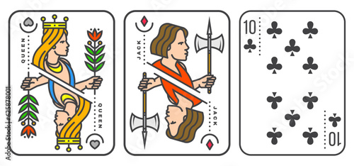 Set of playing card 10, queen, jack. Vector illustration. Esoteric, magic Royal playing card 10, queen, jack design collection. Line art minimalist style