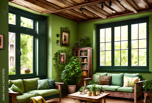 Living room with green wall and green sofa with white cushion,Modern living room with walls and white furniture,Generative AI © LIUBOMYR