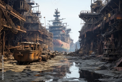 Shipbreaking Yard With Dismantled Vessel, Generative AI