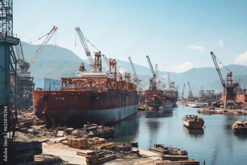 Shipyard With Massive Cranes And Ships, Generative AI