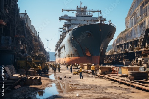 Shipyard With Dry Docks And Ship Under Maintenance, Generative AI photo