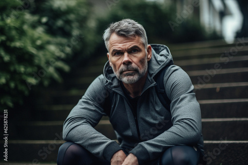 Healthy and muscular middle age man in his 50s, with hoodie and sportswear, urban nature background © acrogame