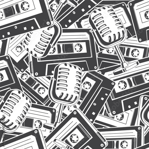 Cassette Tape Seamless and Retro vintage microphone pattern or background in monochrome silhouette. Vector illustration. Seamless pattern with silhouette with old-fashioned analog mixtapes and