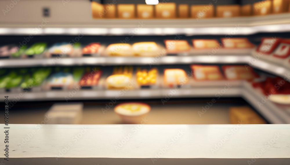 White desk with Supermarket on the background out focus, Food shelf, Ai Generate 