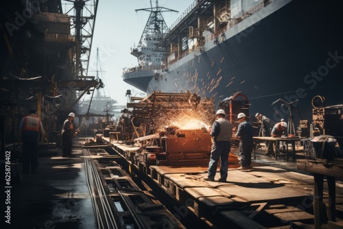  Shipyard With Workers Welding And Constructing, Generative AI photo
