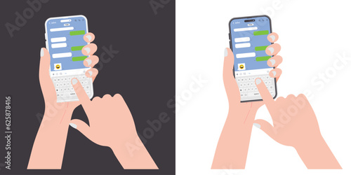 Smart Phone Messenger concept. Instant messaging chat on mobile screens in human hands, cell chat messages dialogue with text chatting boxes. Vector illustration