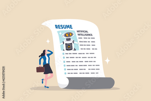 Artificial Intelligence AI replacement on human workforce, job or employment, AI candidate, machine or automation to work position concept, businesswoman HR consider robot AI resume to fill in job.