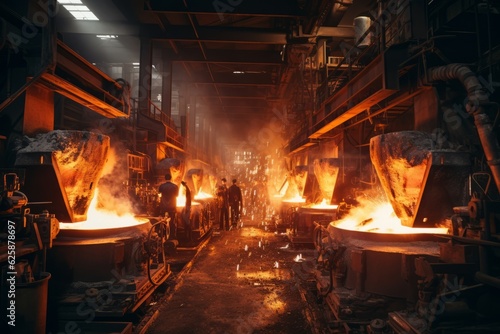 Steel Foundry With Molten Metal, Generative AI