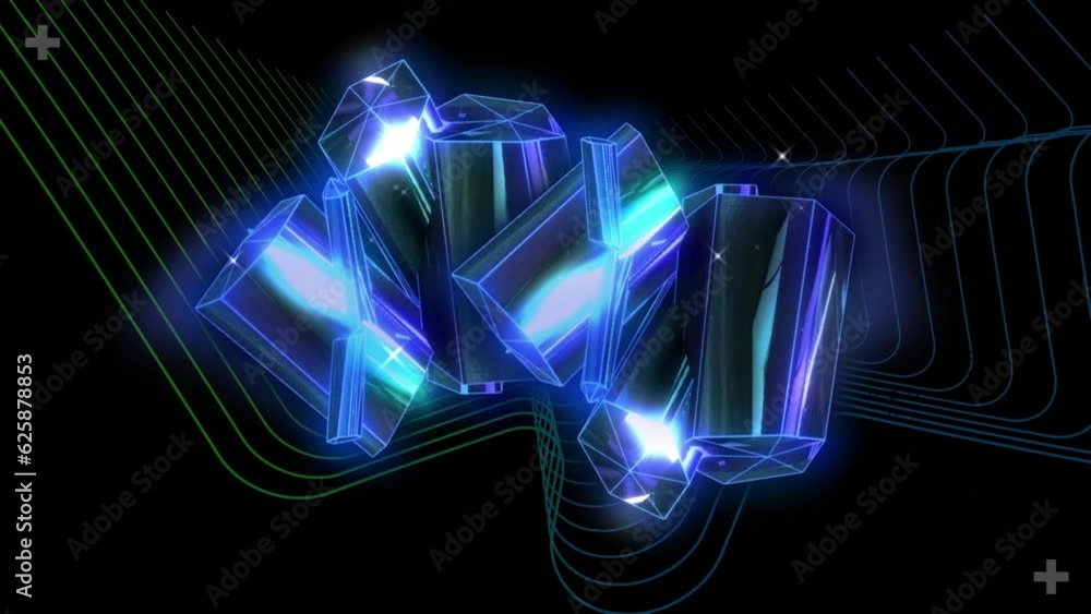 Animation of 3d blue glowing blocks spinning on dark background Animation of 3d blue glowing blocks spinning on dark background