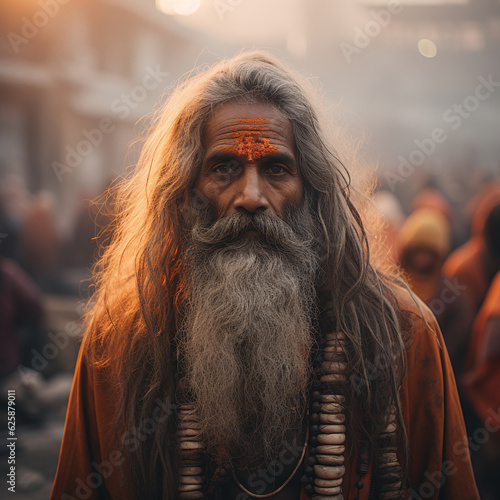 Spiritual Indian Yogi Baba in Traditional Clothes Meditating at Sunset - Serene Portrait of a Yogi Guru with Inner Peace and Wisdom