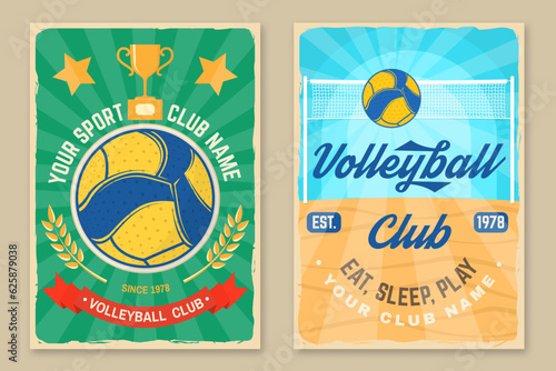 Set of Volleyball club retro poster, banner design. Vector illustration. For college league sport club emblem, sign, logo. Vintage retro poster, banner design with volleyball ball, player silhouettes.