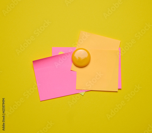Colorful paper blank stickers attached with a button, space for notes and labels