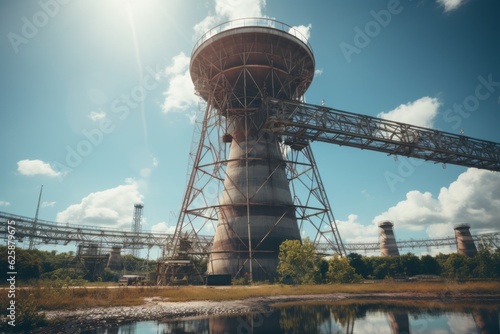  Industrial Cooling Tower With Steam Rising, Generative AI photo