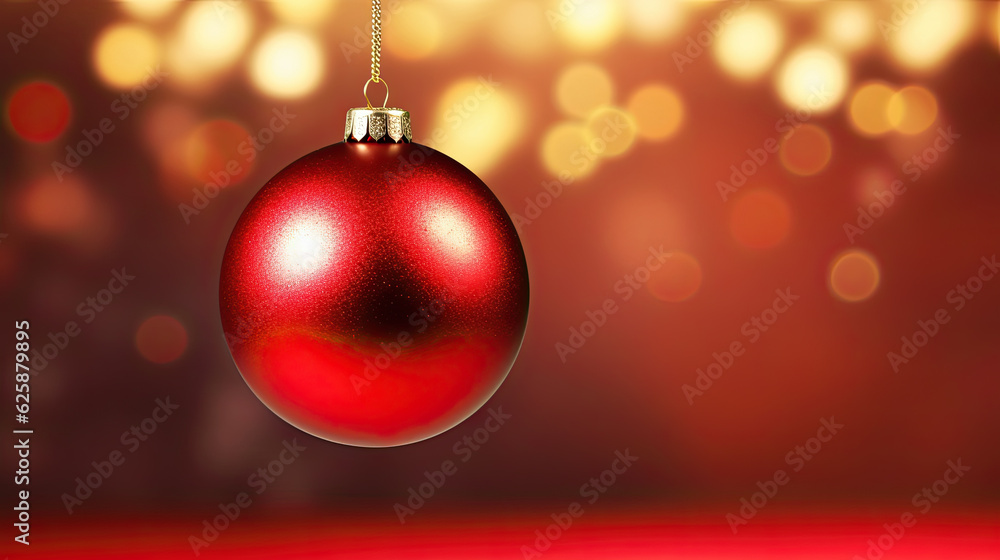 Fototapeta premium Christmas border with fir branches and decoration ornaments elements on red background. Bright Christmas and New Year background light garlands, gold confetti.