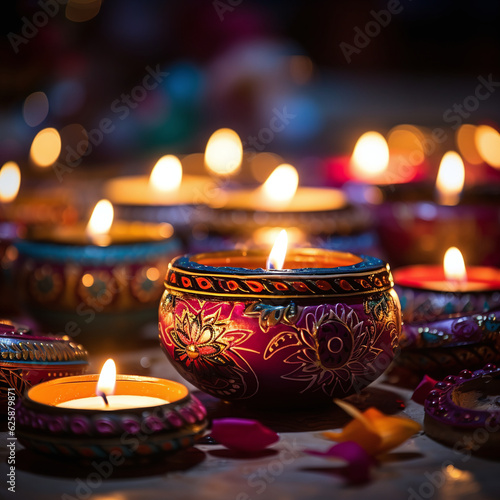 Diwali Diyas Amidst Colorful Rangoli - Festive Indian Diwali Celebration with Traditional Lamps and Bright Artistry