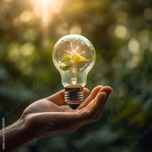a hand holding a glowing light bulb with an ESG icon, symbolizing the concept of sustainability and responsible practices. Generative AI