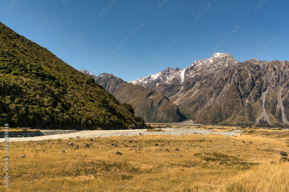 The dry Tasman valley near the Mt cook village with a backdrop of the snow covered Southern alps