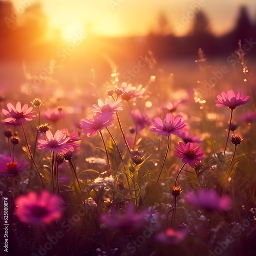Beautiful spring flower in the field with blurry sunrise scene. Generative AI