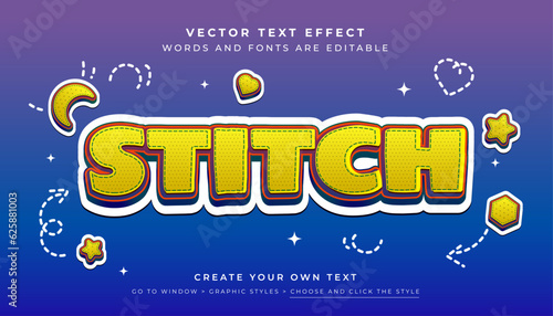 Vector Editable 3D stitch text effect. Yellow fun stich graphic style on abstract blue background
