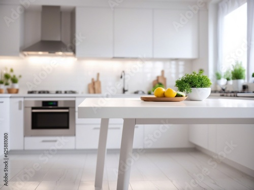 White table with white unfocused kitchen background, Ai Generative
